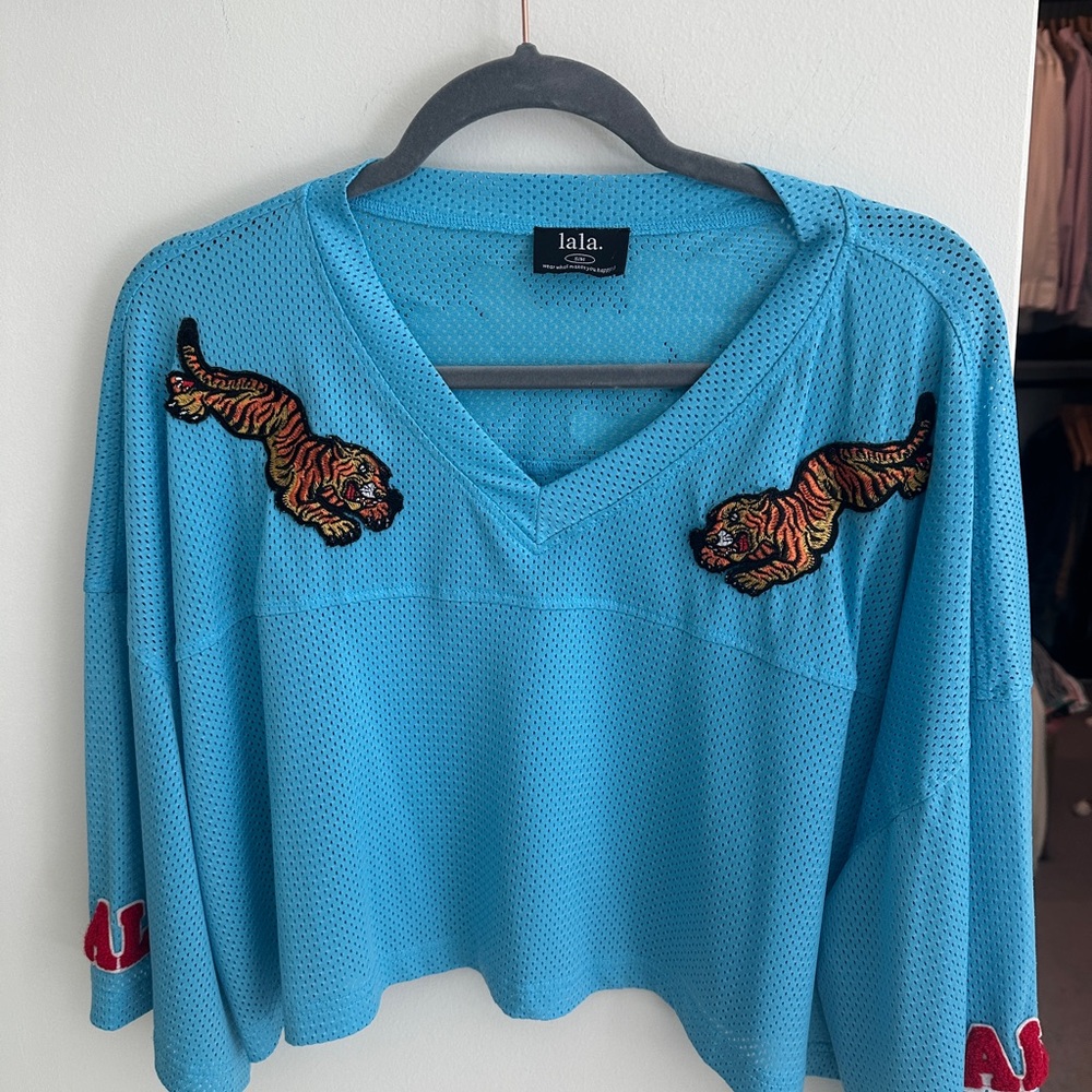 Dressed in LALA Blue Embellished Crop Jersey